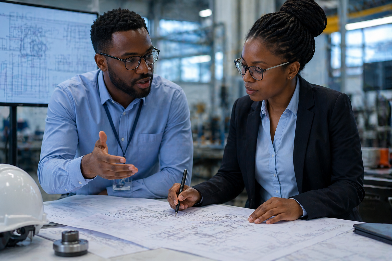 Engineers reviewing project blueprints